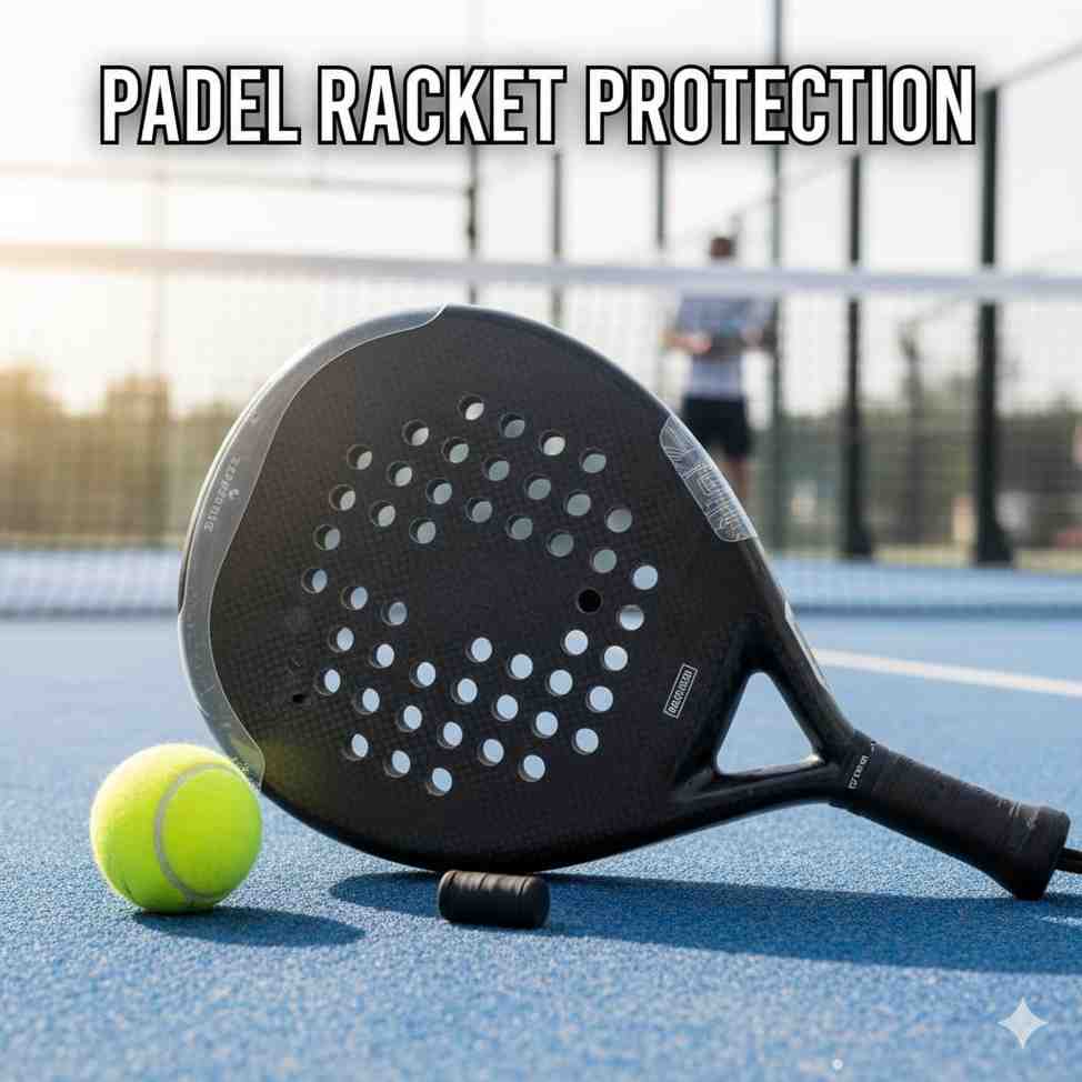 Racket Protectors & Dampeners – Do Padel Players Need Them 2025? 1 Racket Protectors & Dampeners – Do Padel Players Need Them? shown on a padel racket with frame protector and vibration dampener on court