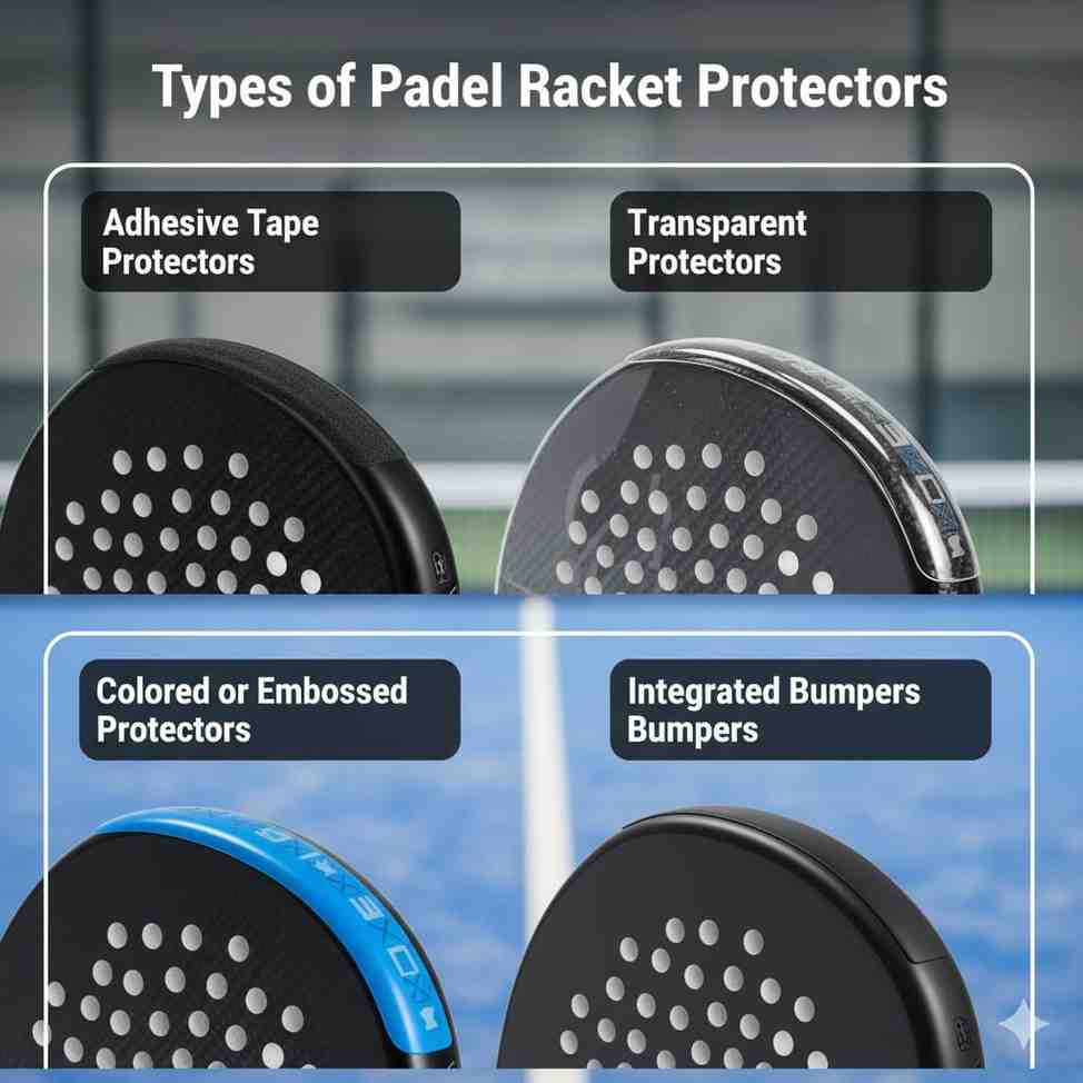 Racket Protectors & Dampeners – Do Padel Players Need Them 2025? 2 Types of padel racket protectors including adhesive tape protectors, transparent protectors, colored or embossed protectors, and integrated bumpers shown on padel rackets