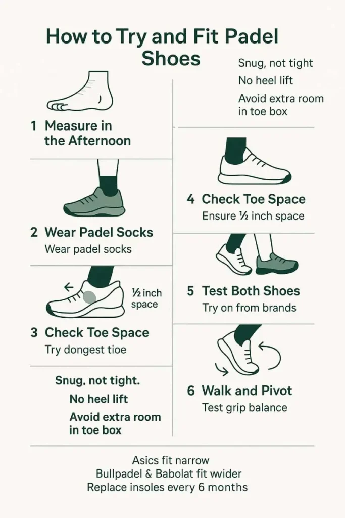 Best Padel Shoes 2026: Top Picks for Grip & Comfort 33 Infographic showing six-step guide on how to fit padel shoes correctly, including measuring feet, checking heel lock, and testing grip and comfort.