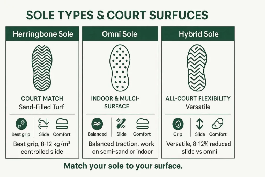 Best Padel Shoes 2026: Top Picks for Grip & Comfort 32 Infographic comparing herringbone, omni, and hybrid padel shoe soles with surface types, grip levels, and sand depth performance data.