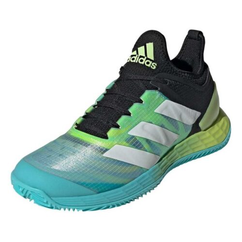 Adidas Adizero Ubersonic 4 Womens Padel Shoes in black and aqua featuring breathable mesh upper and Lightstrike cushioning