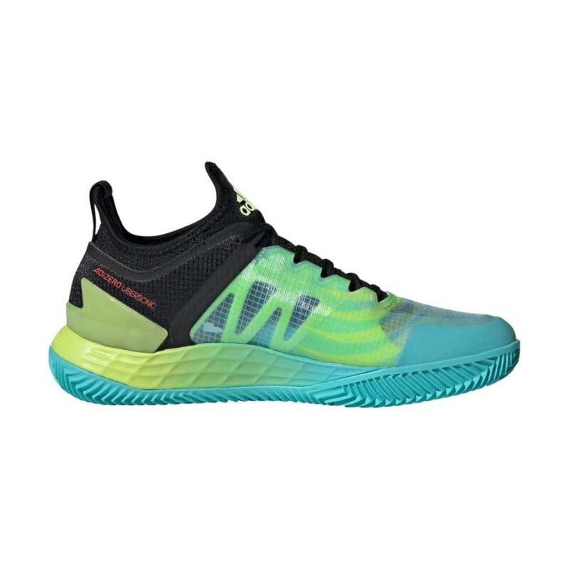 Side profile of Adidas Adizero Ubersonic 4 Womens Padel Shoes showing the translucent mesh upper, external heel clip, and low-profile Lightstrike midsole