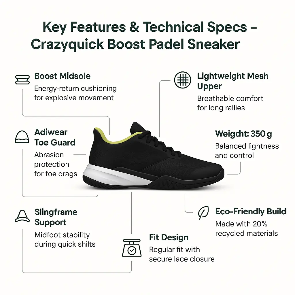Infographic showing key features of Adidas Crazyquick Boost Men’s Padel Sneaker including Boost midsole, Adiwear outsole, Adituff toe guard, and lightweight mesh upper.