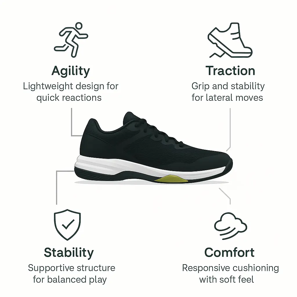 Infographic showing Adidas Crazyquick Boost Men’s Padel Sneaker performance highlights including agility, traction, stability, and comfort features for fast, balanced play.
