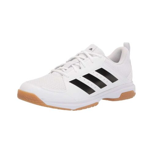 A side view of the Adidas Ligra 7 Womens indoor court shoe in white with black stripes.