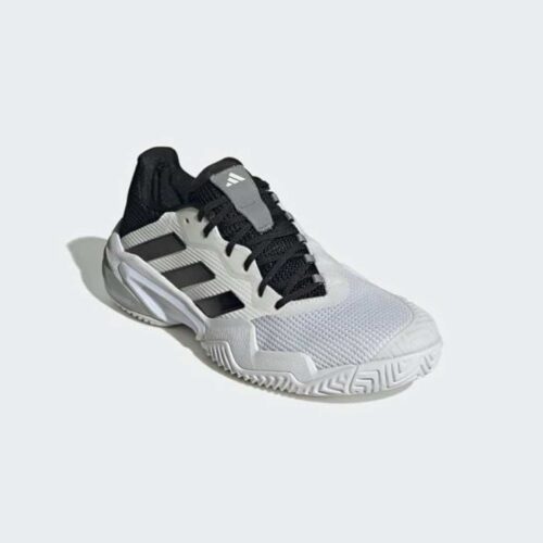 Adidas Mens Barricade 13 Padel Shoes in white and black, side profile.