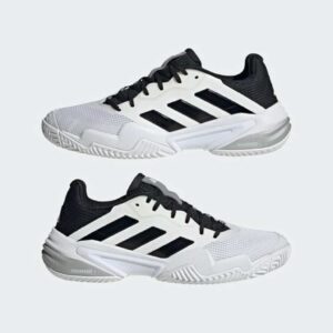 Medial and lateral views of the Adidas Mens Barricade 13 Padel Shoes in white and black.
