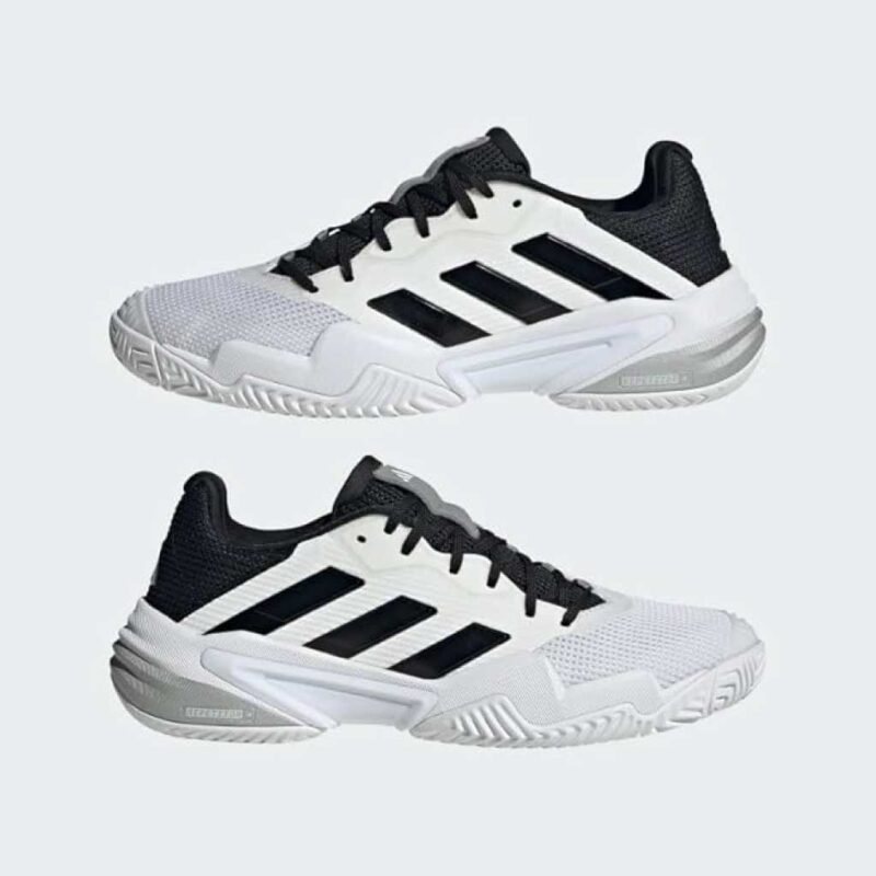 Medial and lateral views of the Adidas Mens Barricade 13 Padel Shoes in white and black.