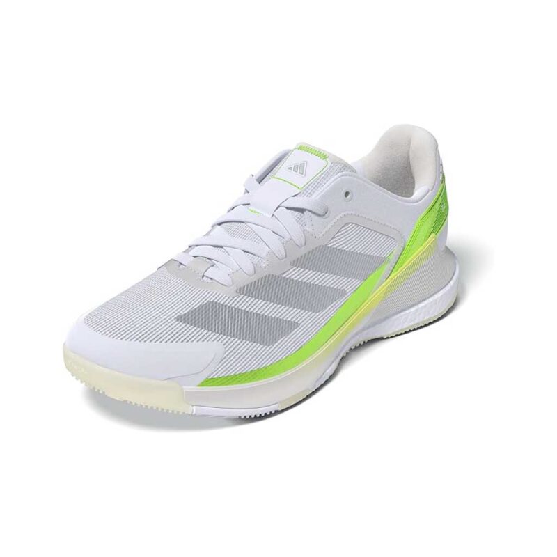 Adidas Womens Courtquick Padel Shoes in silver metallic, side view on white background.