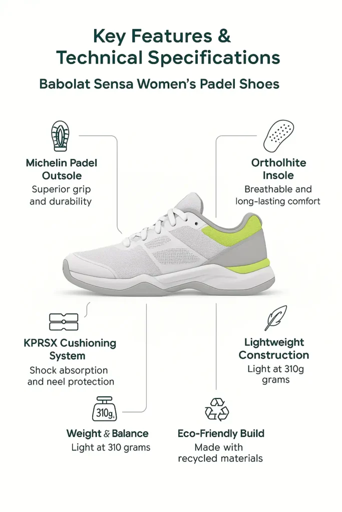 Babolat Sensa Womens Padel Shoes – Comfort & Control 2 Infographic showing 8 key features of Babolat Sensa Women’s Padel Shoes including Michelin outsole, KPRSX cushioning, Power Straps, Ortholite insole, breathable mesh upper, lightweight design, 310g balance, and eco-friendly build.