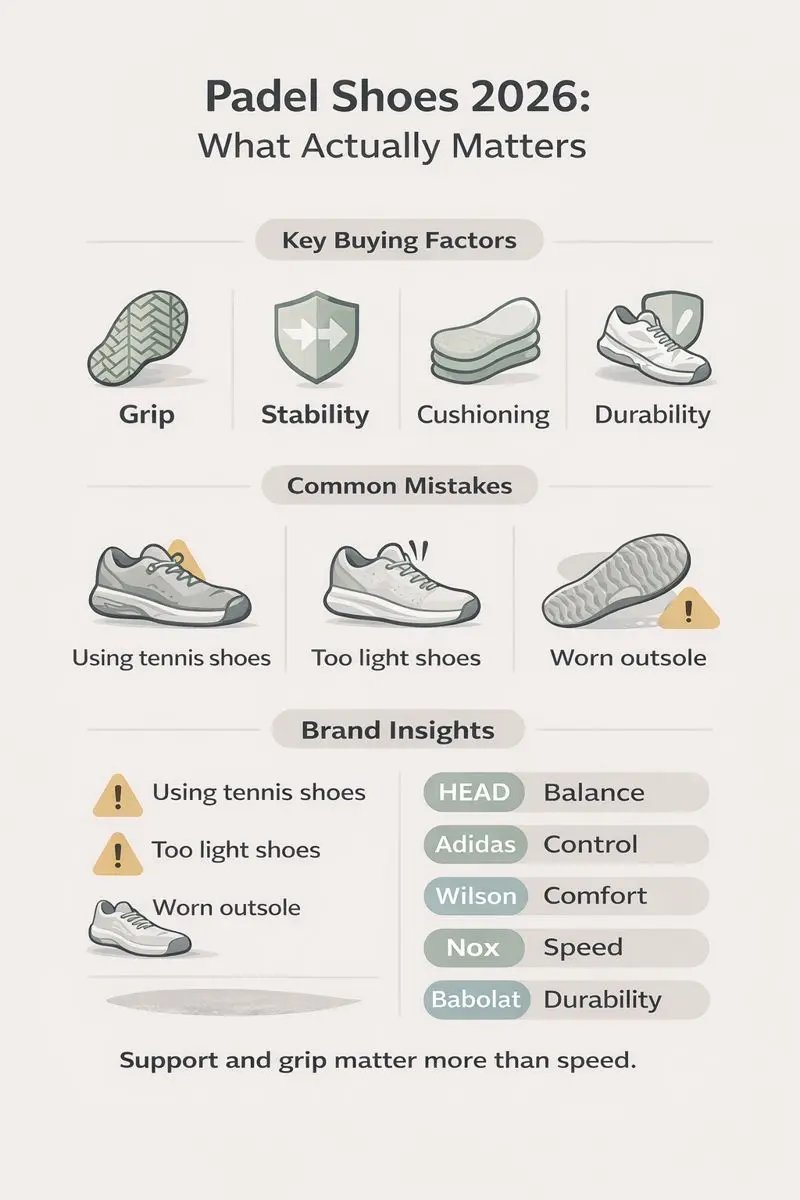 Best Padel Shoes 2026: Top Picks for Grip & Comfort 2 Infographic explaining best padel shoes for 2026, including grip, stability, cushioning, durability, common mistakes, and brand strengths.