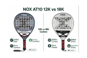 NOX AT10 12K vs 18K padel racket comparison showing control and power differences with infographic labels.