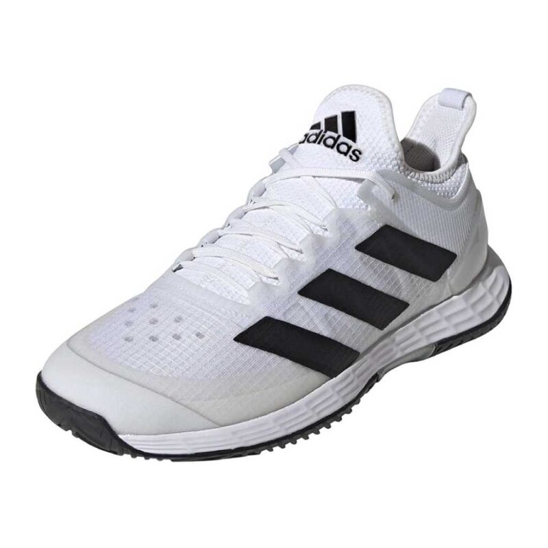 Adidas Adizero Ubersonic 4 mens padel shoe in white with black stripes front view