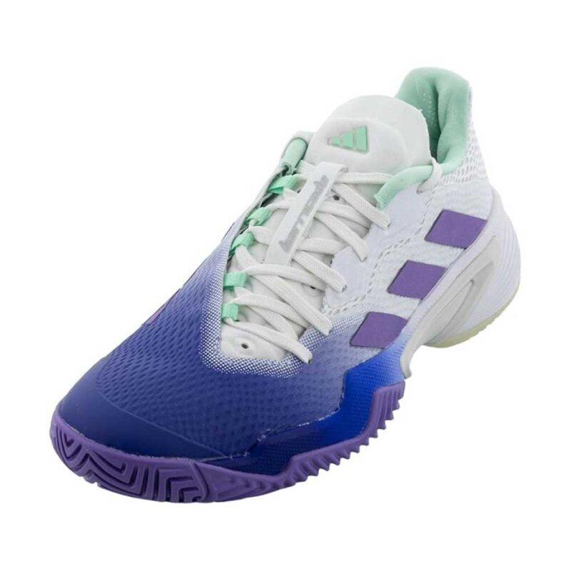 Adidas Barricade 12 Womens padel shoes in white and violet with mint accents showing asymmetric lacing and Adituff toe guard
