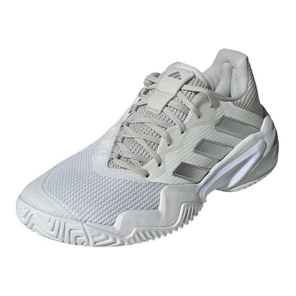 Adidas Barricade 13 Womens Padel Shoes in white and silver showing breathable mesh upper and Adituff toe protection