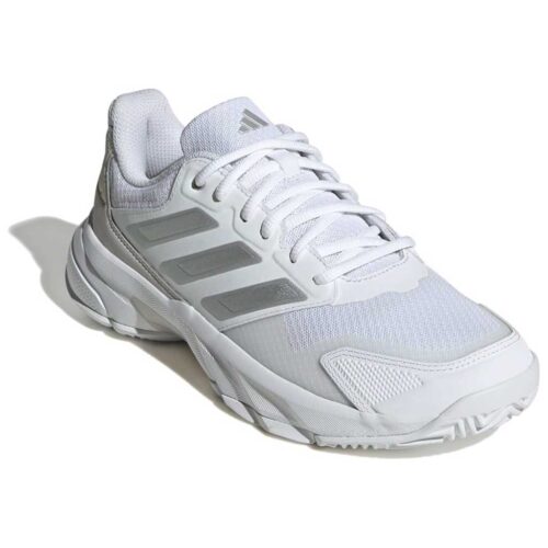 Adidas CourtJam Control 3 womens padel shoe in white and silver showing breathable mesh upper and reinforced toe