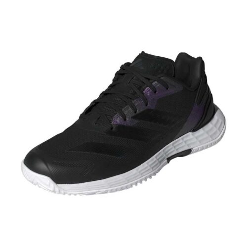 Adidas Defiant Speed 2 Womens padel shoes in black with white midsole and purple accents front view