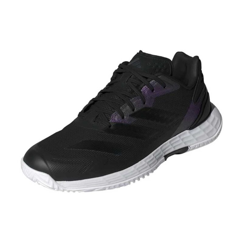 Adidas Defiant Speed 2 Womens padel shoes in black with white midsole and purple accents front view