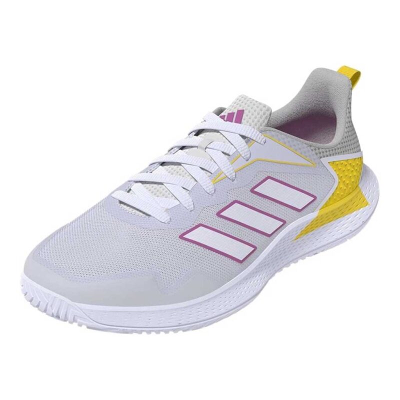 Adidas Defiant Speed Womens padel shoes in white with pink and yellow accents showing lightweight mesh upper