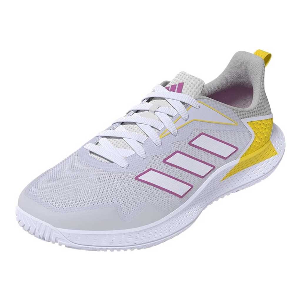 Adidas Defiant Speed Womens padel shoes in white with pink and yellow accents showing lightweight mesh upper