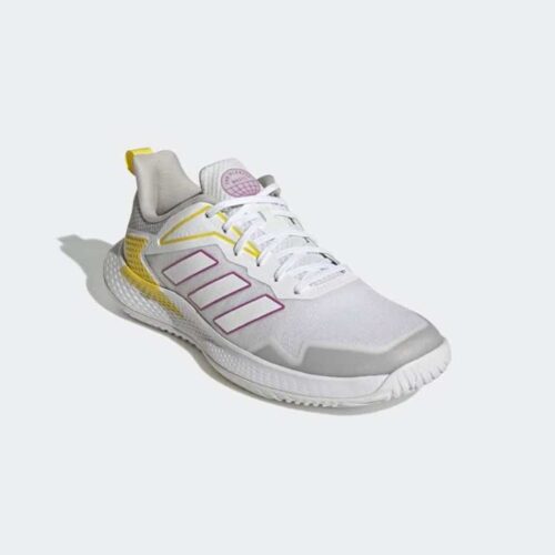 Side profile of Adidas Defiant Speed Womens shoe showing breathable mesh texture and bounce midsole