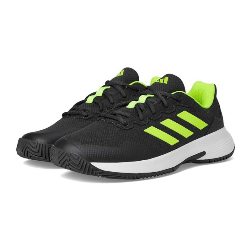 Adidas GameCourt 2 Mens padel shoes front view in carbon black and lucid lemon with open mesh upper