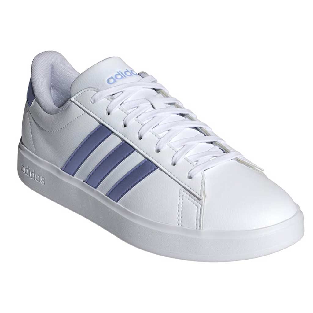 Adidas Grand Court 2.0 Womens shoe front side view in white and purple with classic 3-stripes