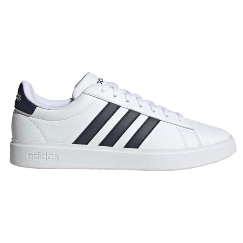 Adidas Mens Grand Court 2.0 white sneaker side profile with black stripes