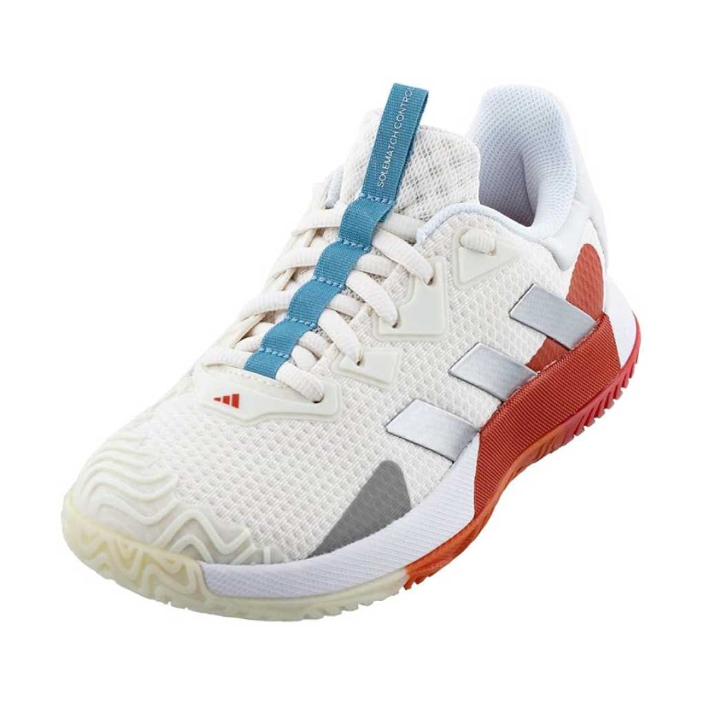 Adidas Solematch Control men padel shoes front view in white and orange featuring breathable mesh upper and teal tongue detail